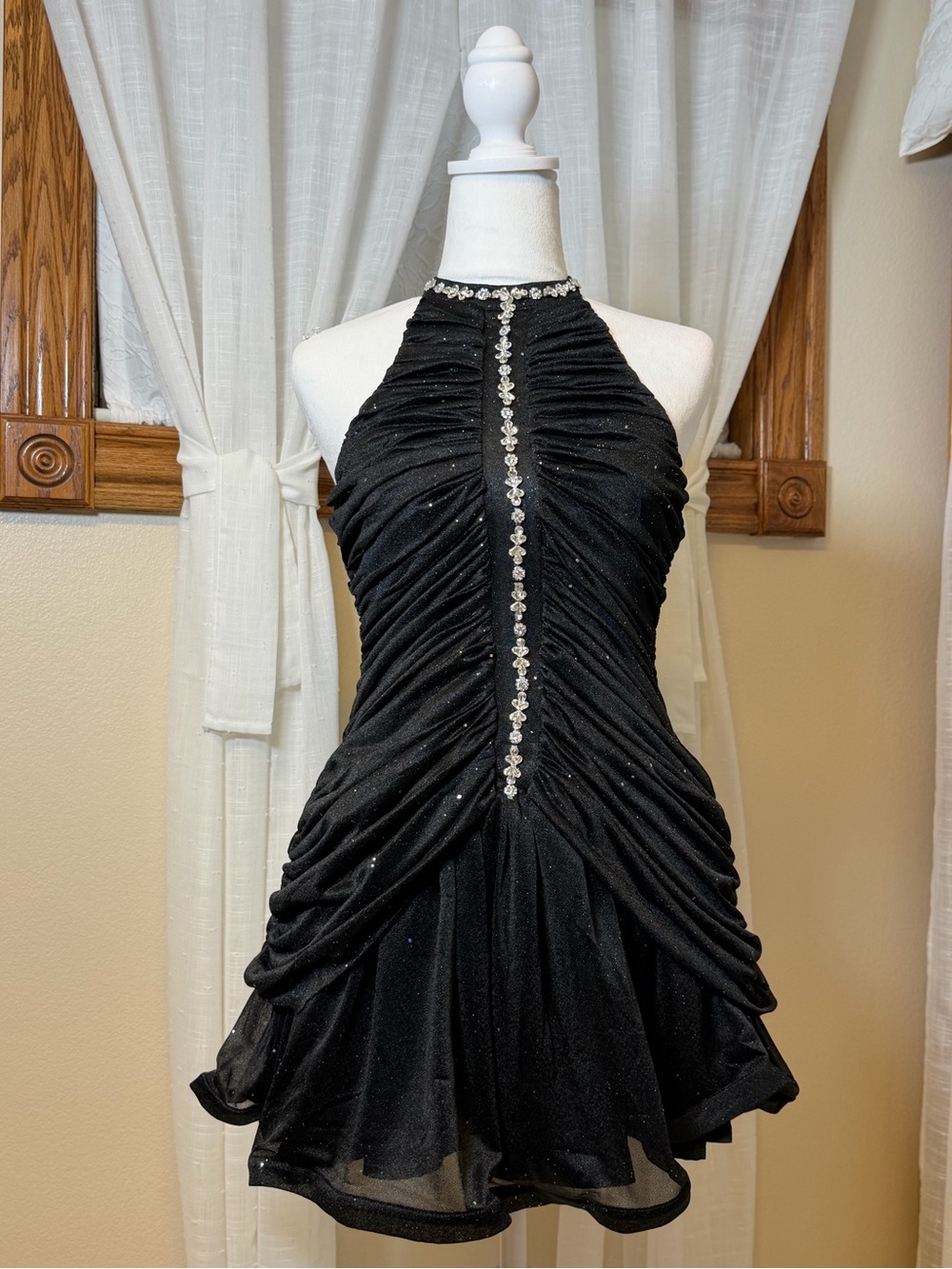 Black Halter Ruched Cocktail Dress with Rhinestone Trim